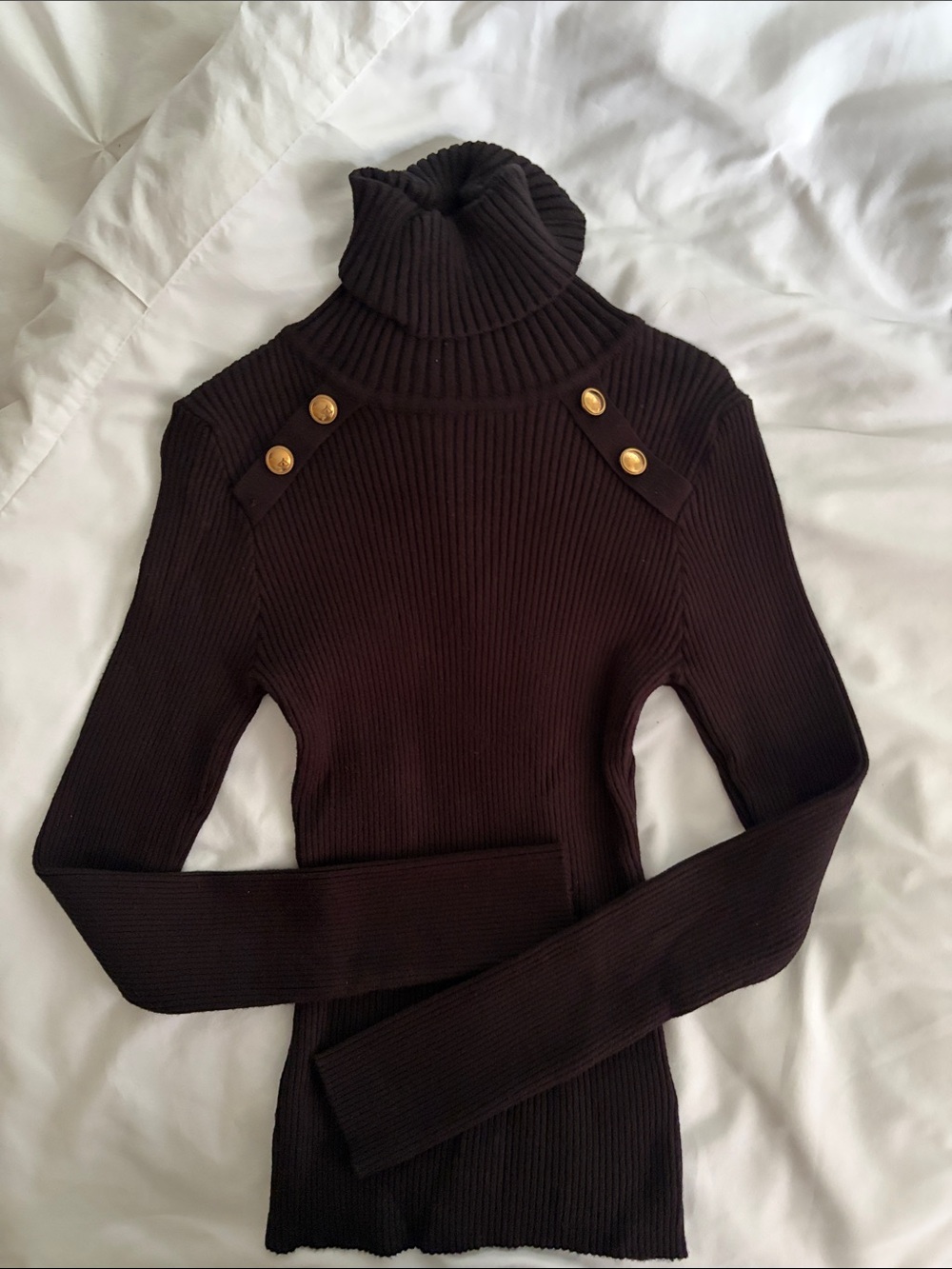 Women’s Ribbed Turtleneck Sweater with Shoulder Button Detail - Black